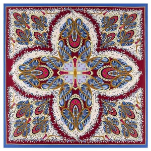 Elegant paisley patterned silk square scarf with royal blue border and ornate floral design