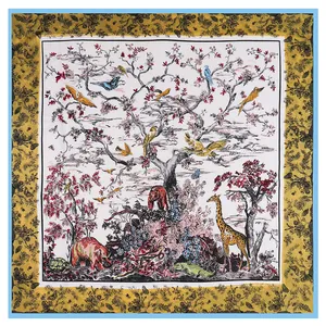 Luxurious 130cm twill square scarf featuring forest animals and tree patterns