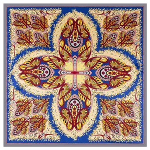 Symmetric paisley and floral twill silk square scarf in royal blue and yellow