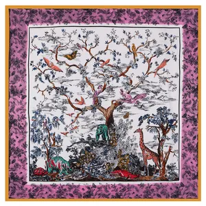 Detailed close-up of tree of life pattern with wild animals on square silk scarf