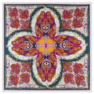 Luxurious paisley square silk scarf featuring vibrant purple and orange floral patterns