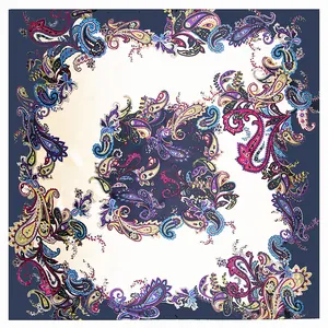 90cm Navy blue and white paisley print silk scarf with vibrant colorful floral patterns