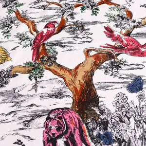 Detailed close-up of colorful forest animals and bird patterns on twill silk scarf