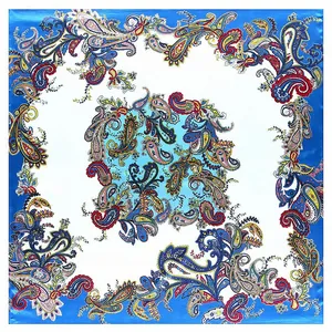 Classic paisley pattern square silk scarf in royal blue and white colors 90x90cm
