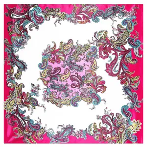 90x90cm fuchsia paisley silk-like square scarf featuring colorful floral patterns
