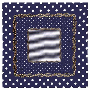 90x90cm navy silk scarf with elegant gold chain, classic polka dot and stripe patterns