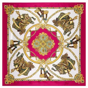 Carré de soie 90cm avec motif chaîne royale et bordure magenta dans une vue élégante à plat