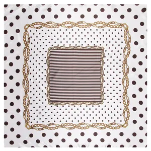 90cm silk-like square scarf with brown polka dots and gold chain pattern on white
