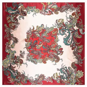 Red paisley 90x90cm square silk scarf with vibrant colorful floral patterns on white backdrop