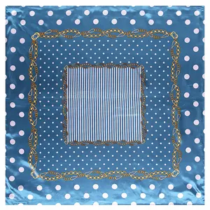 Elegant 90cm square silk scarf with blue polka dots, gold chains, and stripes