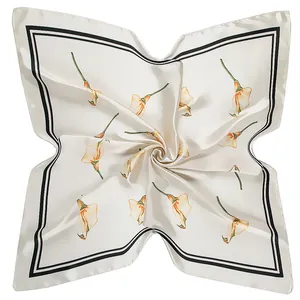Elegant 90x90cm silk-satin square scarf with calla lily floral print and border
