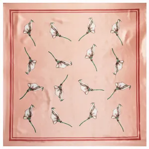 Elegant salmon pink satin square scarf with white calla lily floral print, 90x90cm size