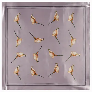 Elegant 90x90cm purple faux silk scarf with yellow calla lily pattern and satin finish