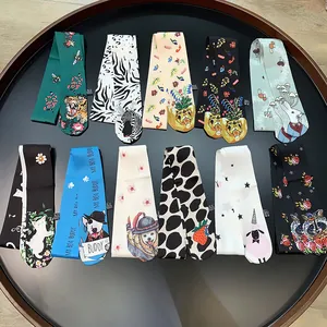 Various cartoon animal print skinny silk scarves for women handbags and neck decoration