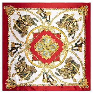 Carré de Soie en Satin de Luxe Imprimé Chaîne Équestre Royale Grand Châle Baroque à Glands Foulard pour Femme Accessoire de Voyage