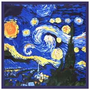 130cm Van Gogh Starry Night oil painting silk square scarf and shawl wrap for women