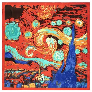 Van Gogh Starry Night silk-style square scarf in bold red and orange oil painting pattern