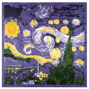 130cm Van Gogh Starry Night silk satin square scarf and artistic shawl for women
