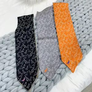 Three-color bird print double-layer satin skinny scarves in black, grey, and orange