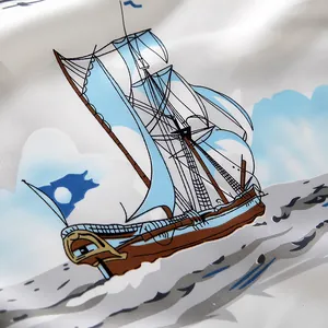 Macro detail of nautical sailing ship pattern on high-quality silk-like scarf fabric