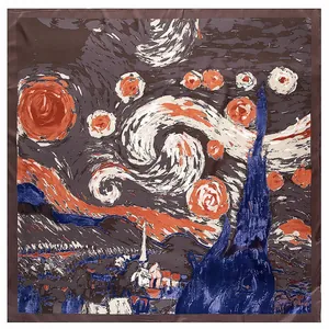 Van Gogh Starry Night oil painting silk scarf with dark brown borders and satin finish