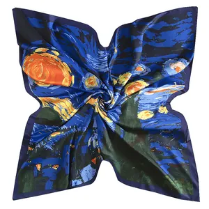 Artistic detail of Starry Night oil painting print on silk texture square scarf