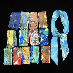 Artistic van Gogh oil painting silk scarves for women featuring Starry Night and Sunflowers