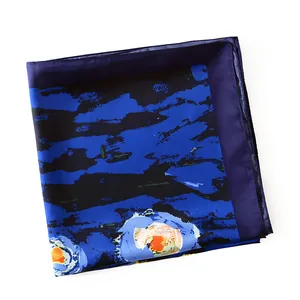 Detailed macro of Van Gogh Starry Night oil painting silk scarf with rolled edges