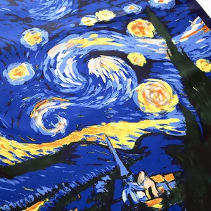 Detailed macro view showing the silky texture of Van Gogh Starry Night print scarf