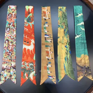 Macro view of five twill silk scarves with traditional Chinese Van Gogh oil painting prints