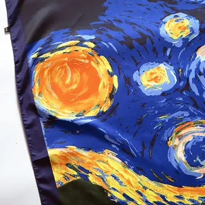 Detail of satin silk scarf with Van Gogh Starry Night oil painting texture and hemmed edge
