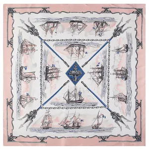 Classic 130cm square silk scarf featuring nautical sailing ship patterns and pink border