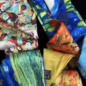 Detail of artistic twill scarves featuring Van Gogh Starry Night and Sunflower paintings