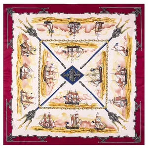 Classic 130cm nautical sailing square silk scarf with vintage ship prints in burgundy