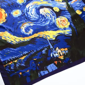 Detailed view of Van Gogh Starry Night print on silky scarf with neat hemmed edges