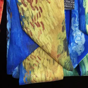 Detailed macro view of 100% polyester fabric texture with Starry Night oil painting print