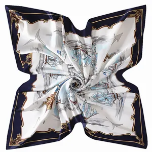Classic nautical 130cm square silk scarf featuring sailboats and anchors in navy and gold