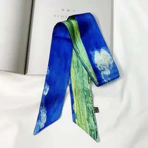 Detailed view of Van Gogh style artistic twilly silk scarf with floral oil painting pattern