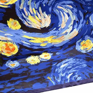 Detail showing Van Gogh Starry Night oil painting print on silk satin scarf fabric