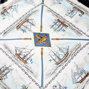 Classic nautical silk scarf featuring vintage sailing ships and golden anchor print