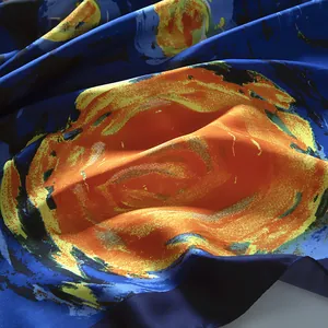 Close-up of Van Gogh Starry Night oil painting print on premium satin scarf fabric