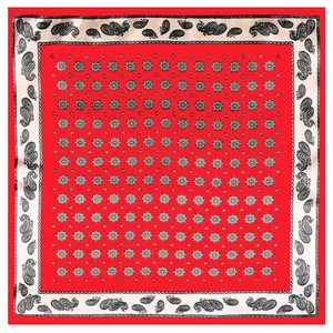 Red and beige paisley printed 60cm square silk scarf with vintage geometric pattern