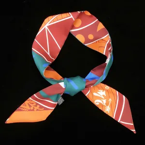Women's Geometric Print Satin Narrow Scarf Double Sided Twilly Bag Handle Ribbon Decorative Hair Band Neckerchief For Lady