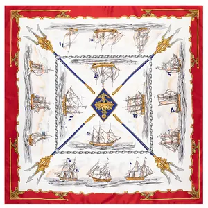 Women Nautical Sailboat Print Satin Large Square Scarf Elegant Western Classic Headscarf Shawl Wrap Silk Feeling Hair Accessories