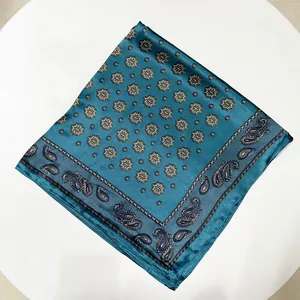 60cm teal paisley square silk scarf with geometric pattern and satin luster finish