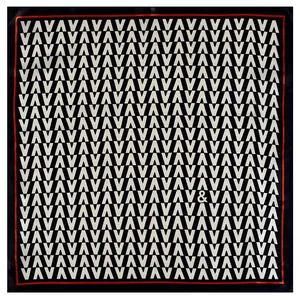 Elegant 60cm black and white silk square scarf with geometric V pattern and red edge