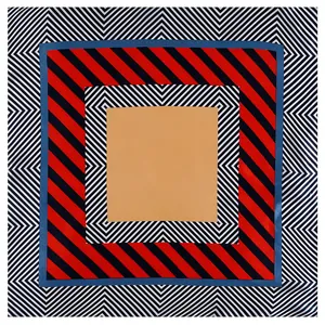 60cm spring silk scarf with geometric red, navy, and tan stripes and chevron patterns
