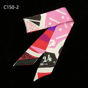 Narrow twilly silk scarf with geometric abstract patterns and numeric 24 print detail