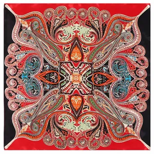 Carré de soie vintage de 60cm pour femmes avec motif paisley rouge et cœur élégant