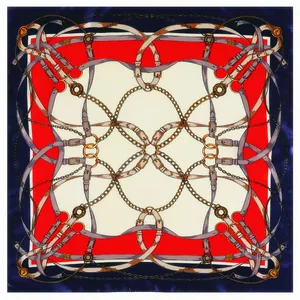 Classic 60cm silk square scarf with red equestrian belt and gold chain print pattern